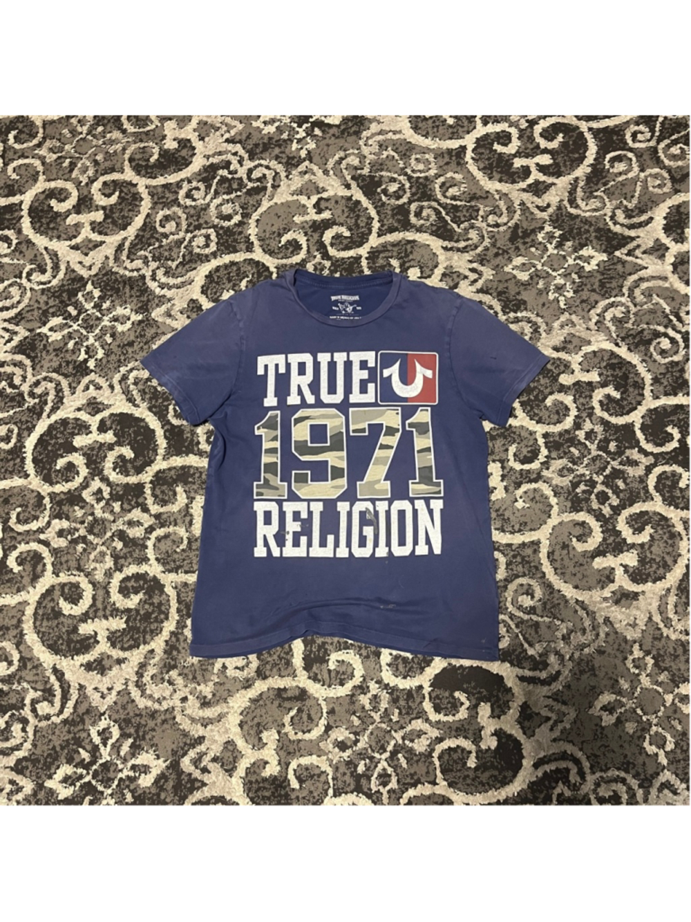 Men's True Religion Short Sleeve Tee S Blue with White Print